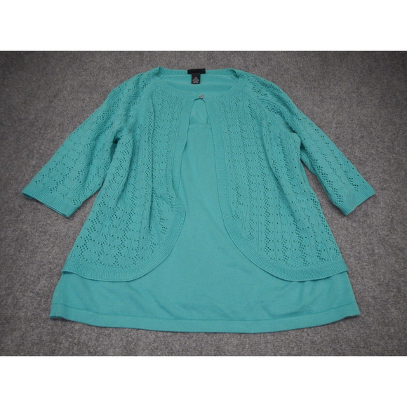 Maggie Barnes Cardigan Sweater Womens Plus 2X Blue Open Knit Layered 3/4‎ Sleeve - Picture 1 of 8